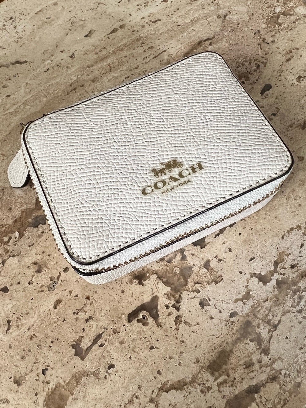 Coach White Pebbled Leather Travel Zip Pill Case with Gold Logo